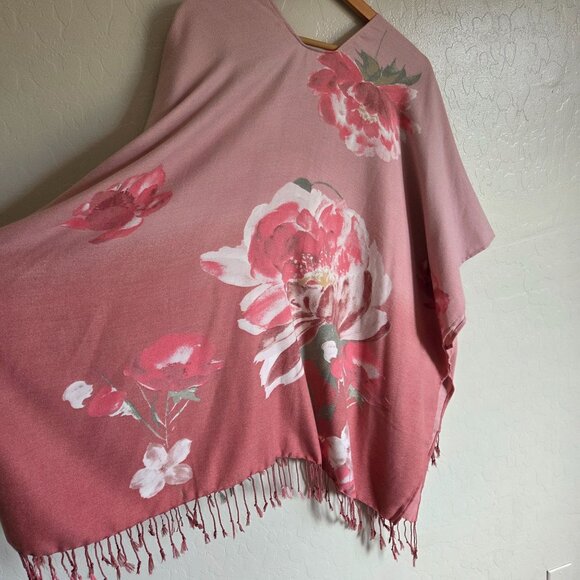 Chico's Floral Fringe Ruana Kimono Wrap Ombre Pink Women's One Size Open Front - Picture 6 of 10
